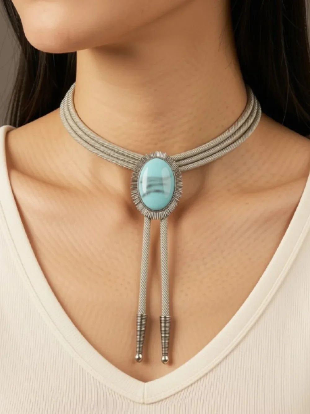 NWT Faux Turquoise Bolo Tie Western Cowboy Braided Rope Sunburst Boho Necklace